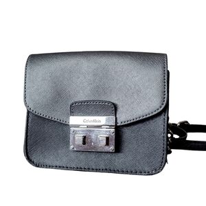 Calvin Klein Black & Gray Saffiano Leather Mini Push Lock Crossbody Bag